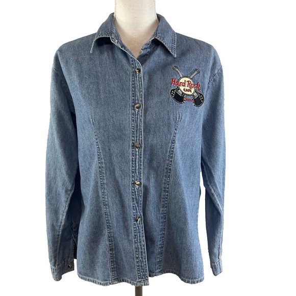 Vintage Ladies Hard Rock Cafe Cancun Shirt size Large Denim Jean Casual Guitars - Picture 1 of 9